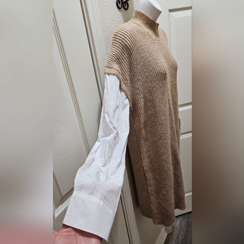 Tahari Mock White Shirt Layered Taupe Sweater Dress Taupe Size Extra Large NWOT - Picture 4 of 13